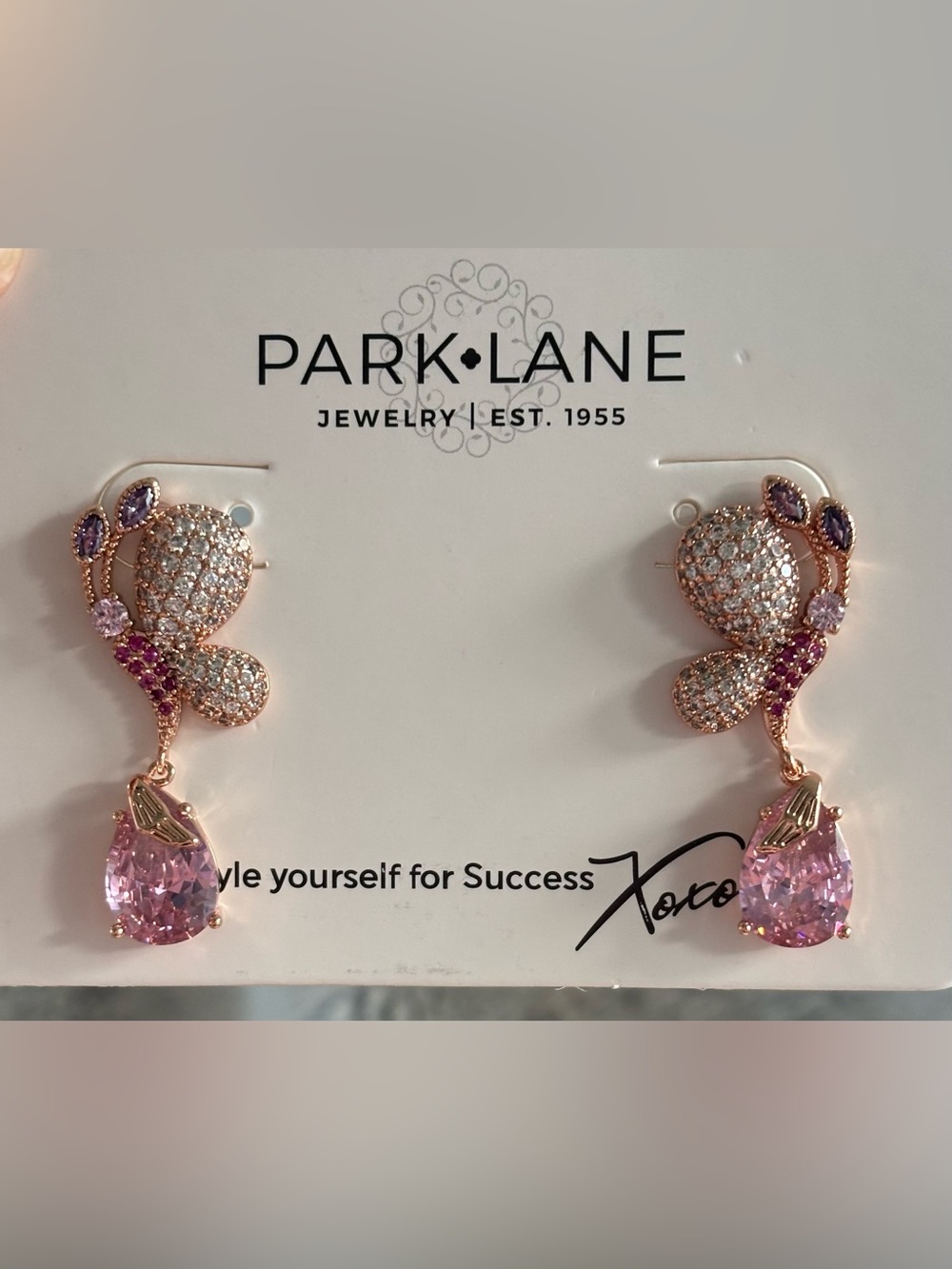 Park Lane Pink Butterfly Drop Earrings Rose Gold